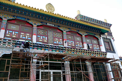 The front facade of the main monastery under renovation
