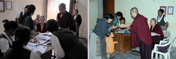 Each case file of recipients is discussed thoroughly with the workers at the TWA (Tibetan Women's Association) to ensure that everyone is receiving proper care (left); A mother and child receive assistance distributed by Samten Tse senior nuns (right)