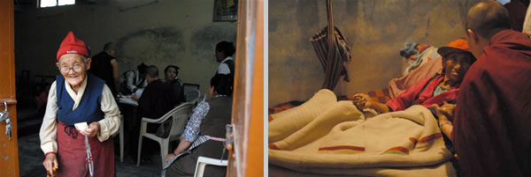 An elderly woman receives much needed financial assistance (left); The senior nuns of Samten Tse visit an elderly patient who is bed ridden and cared for in her home through the support of STCS and the local TWA (right)