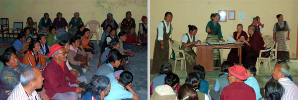 A community gathering to receive the sponsorship of STCS (left); Nuns of Samten Tse Retreat Centre and the Tibetan Women's Association (TWA) meet with the Dekyi Ling community (right)