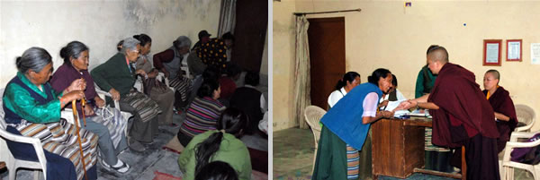 Some of the elderly people who receive support through STCS (left); Nuns of Samten Tse distribute financial assistance (right)