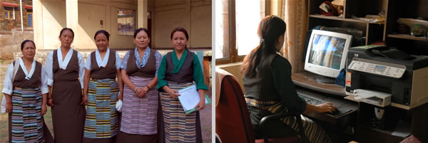Some of the staff who manage the Dekyi Ling Tibetan Women's Association (left); An office worker at the TWA using a computer and printer/photocopy machine sponsored by the STSC (right)