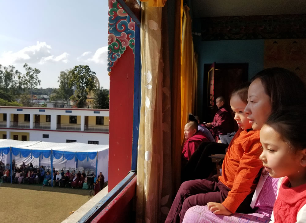 Minling Jetsün Dechen Paldrön, Dungse Rinpoche and Jetsün Rinpoche watching the Cham of the Shinje Drekjom Drubchen